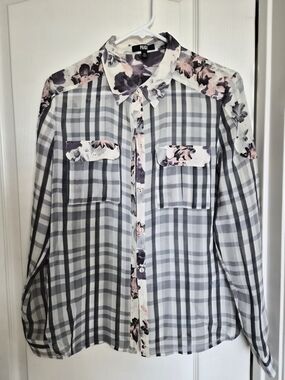PAIGE White and Gray Plaid Button-Down Shirt with Pink Floral Trim